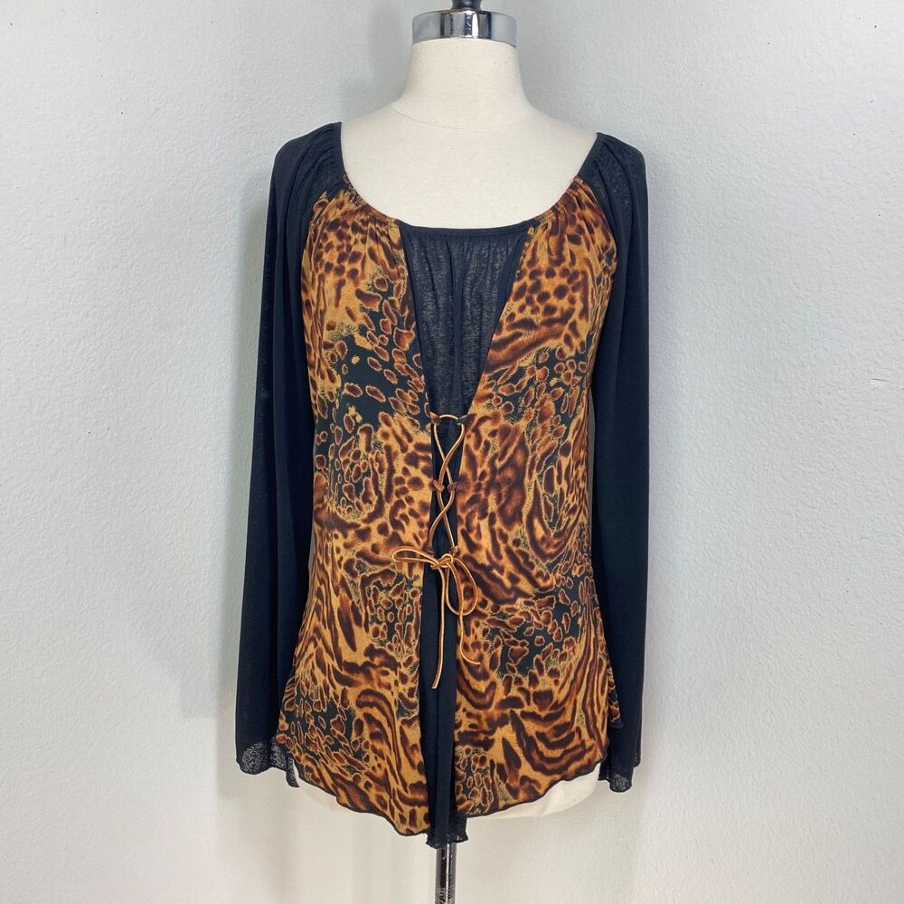 Mine Animal Print Knit Top XL Long Flare Sleeves Lace Up Front Festival Boho USA
